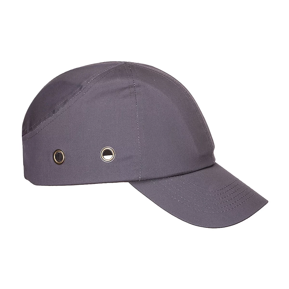 Graue Baseballkappe mit zwei Metallösen und Schild. Naht entlang der Kappe.