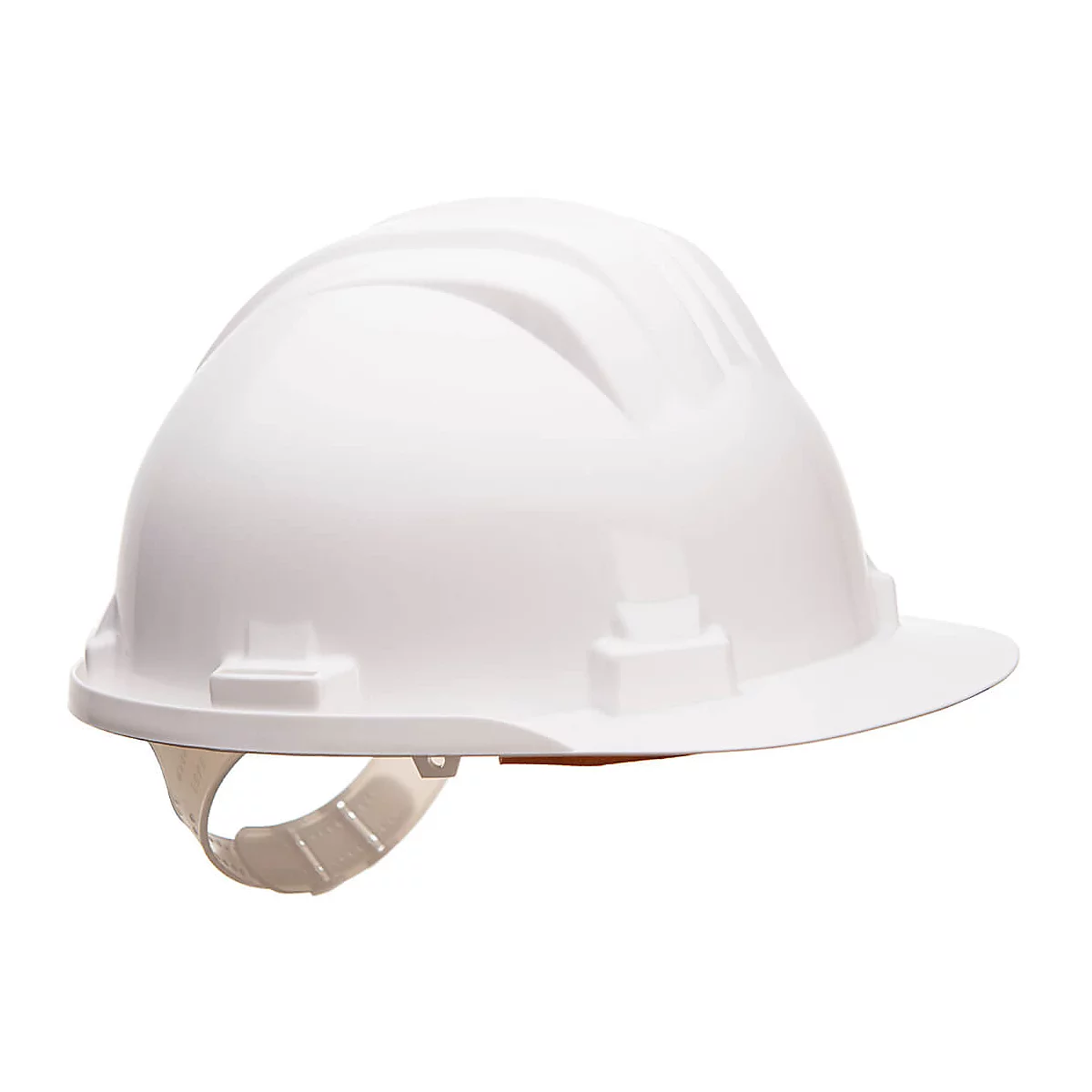 Weisser Schutzhelm, seitlich, mit Kinnriemen, vor weissem Hintergrund.