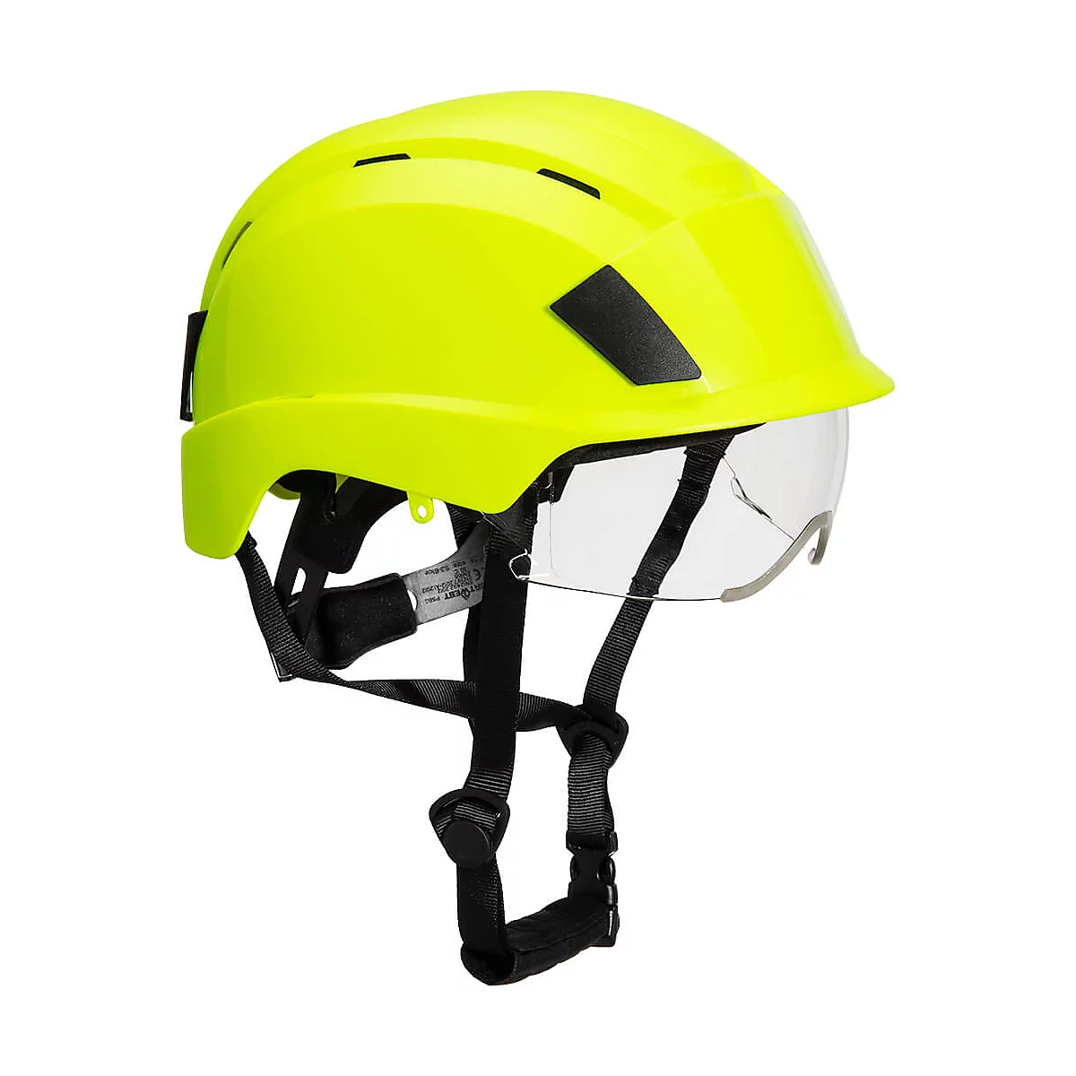 Gelber Schutzhelm mit Visier und Kinnriemen. Er ist vor weissem Hintergrund abgebildet.