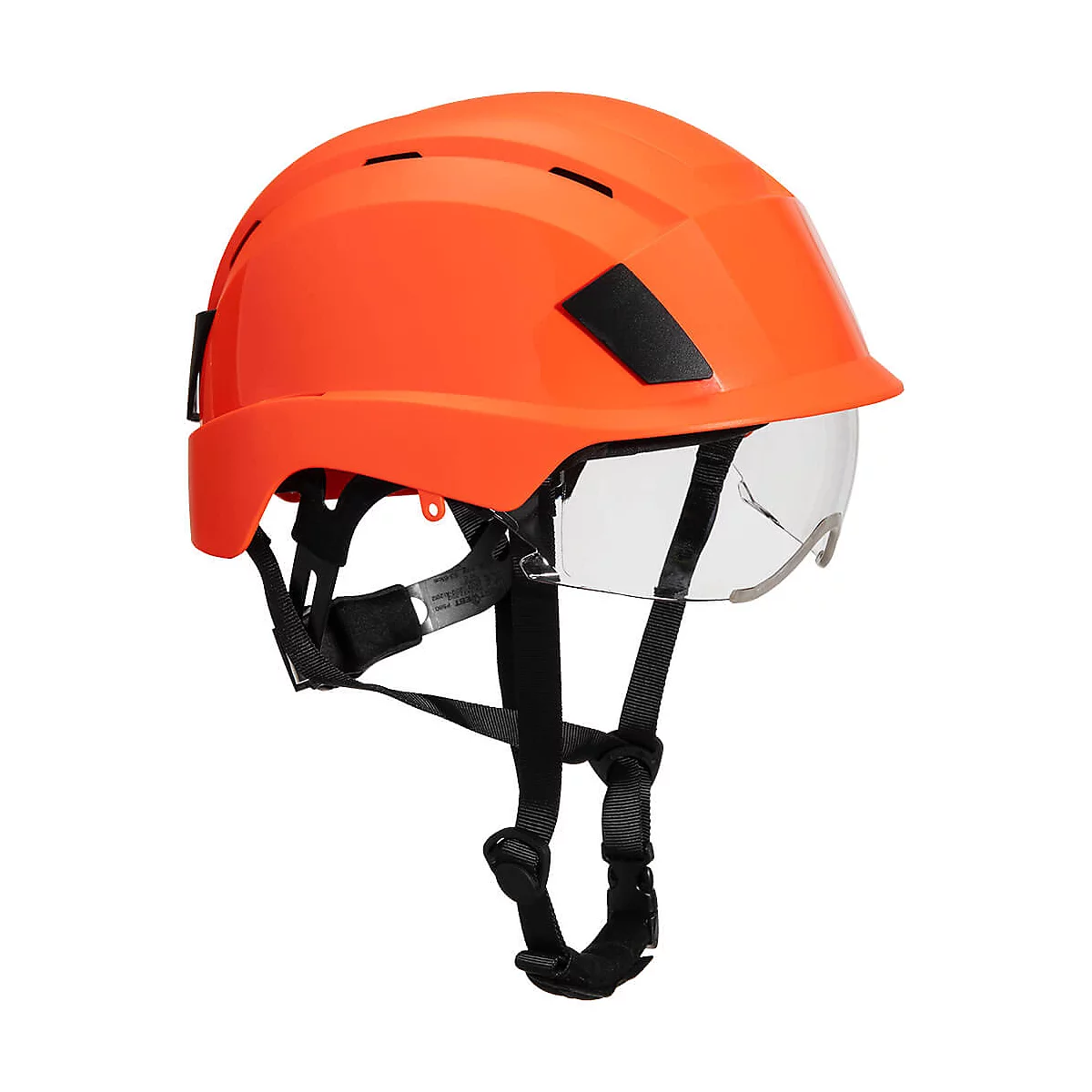 Orangener Schutzhelm mit Visier und Kinnriemen. Er ist vor weissem Hintergrund abgebildet.