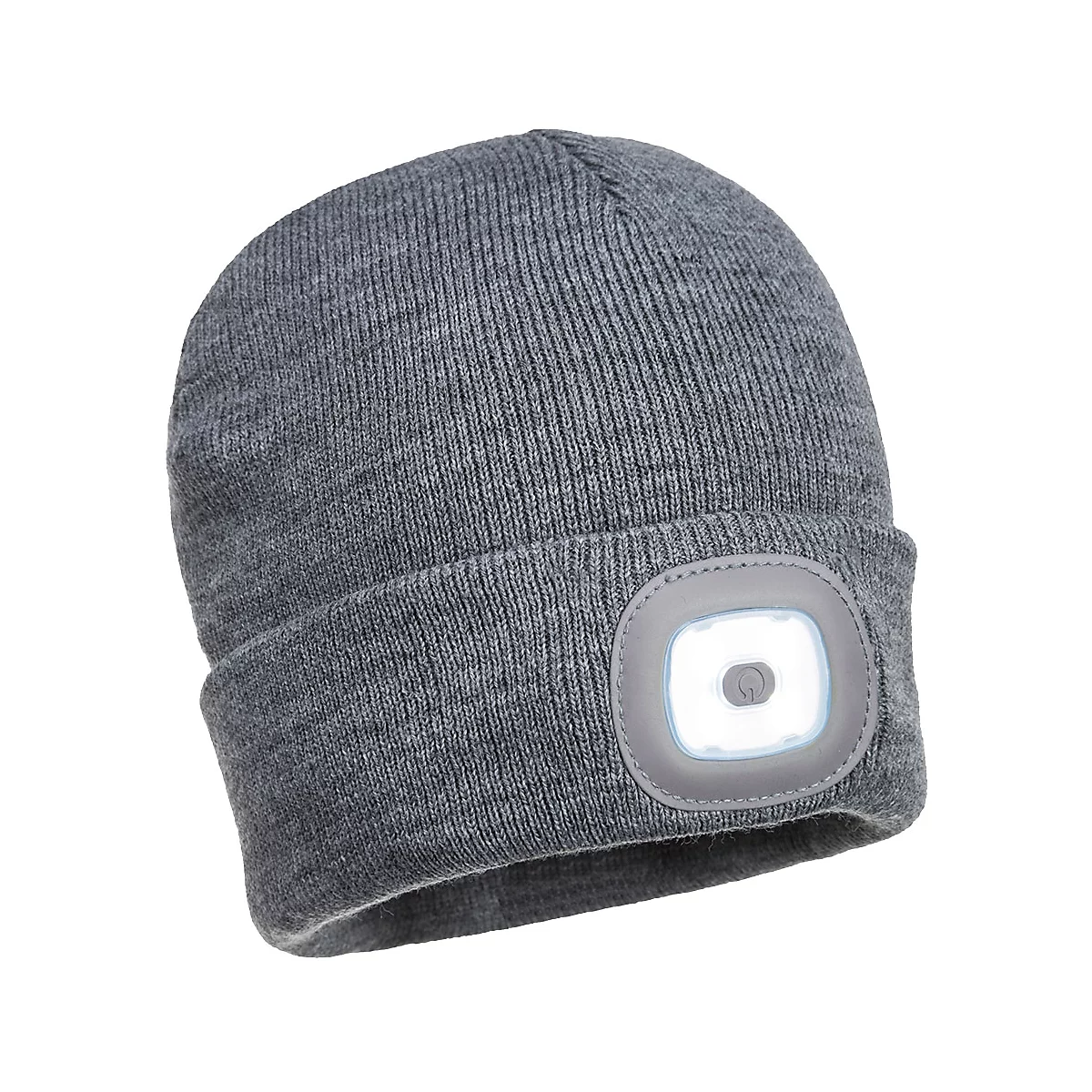 Bonnet gris avec une lampe LED carrée cousue.