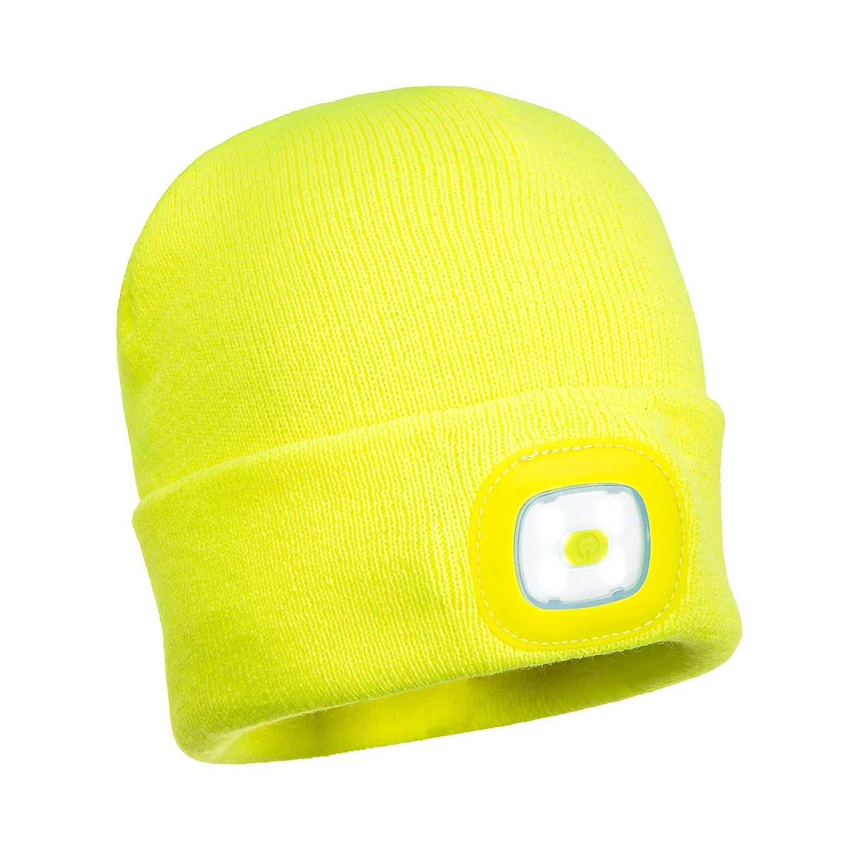 Bonnet en tricot jaune avec lumière LED intégrée, carré à l'avant.