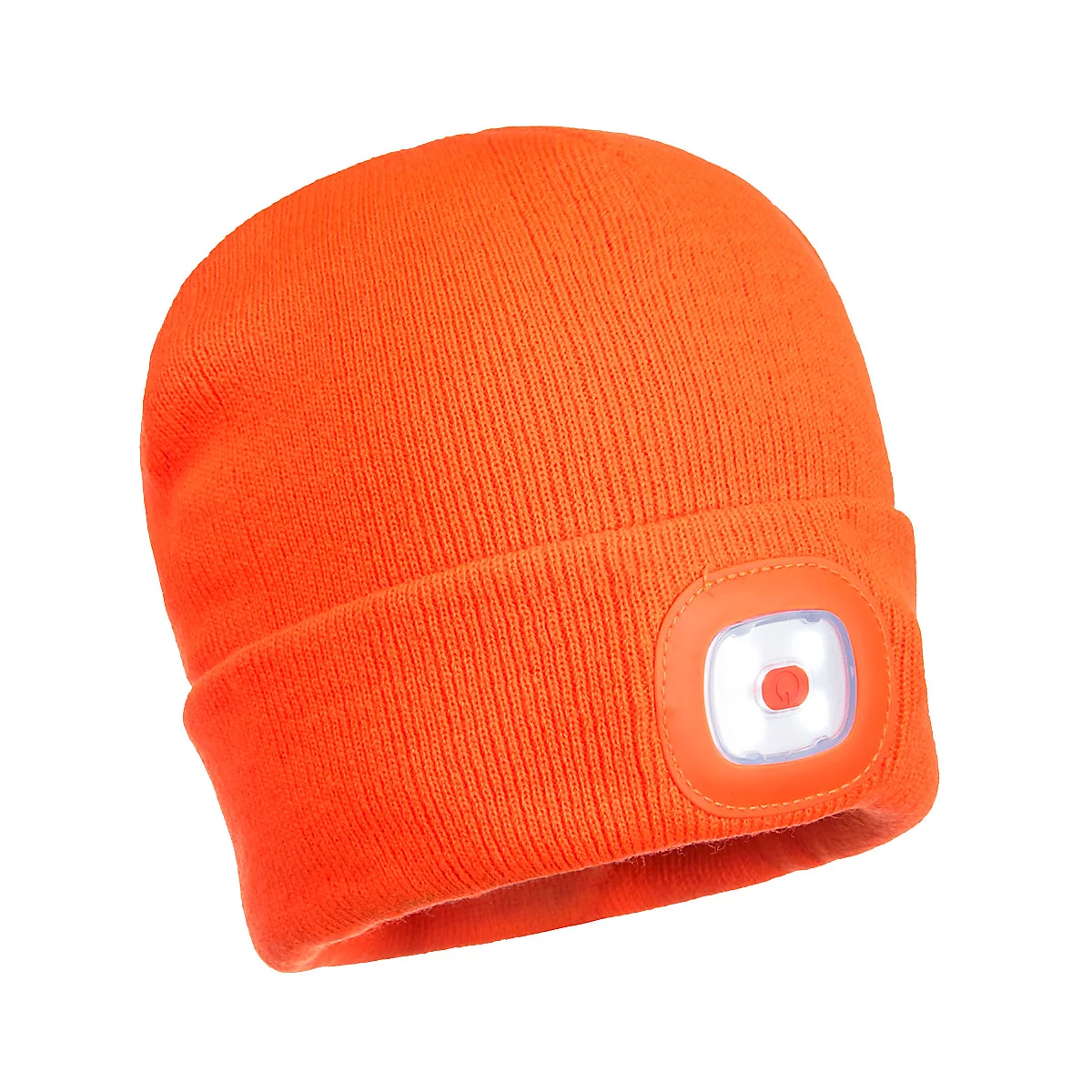 Bonnet orange avec lumière LED intégrée. Détail : un bouton rouge et une lumière blanche.