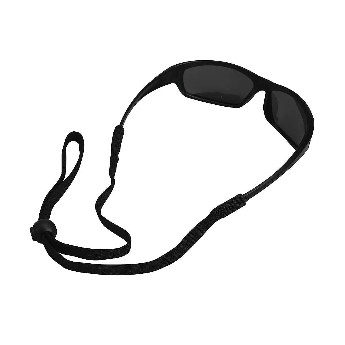 Schwarze Sonnenbrille mit Halteband, freigestellt.