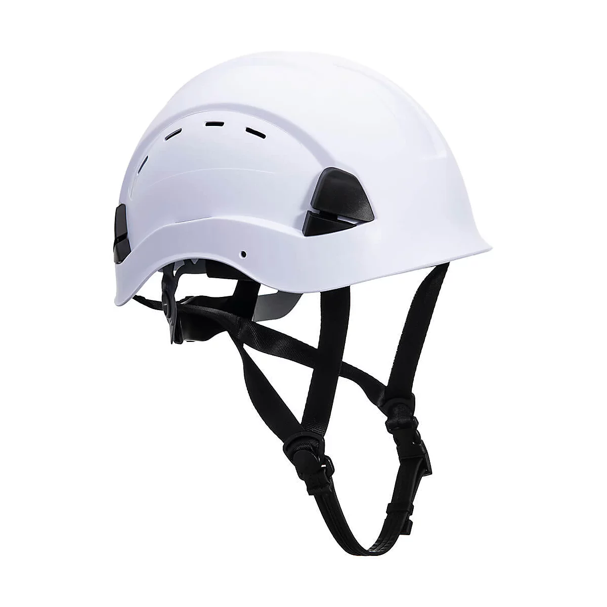Casque de sécurité blanc avec sangles noires et fentes d'aération. Le casque est un équipement de sécurité.