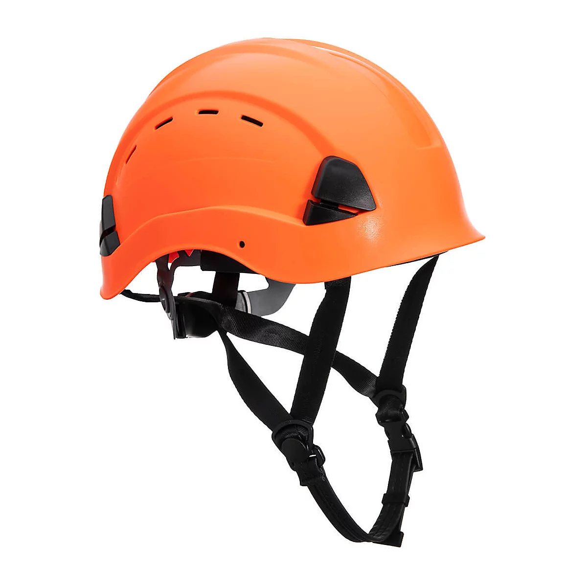Un casque de sécurité orange, avec des sangles et des fixations noires. Le casque est présenté en détail.