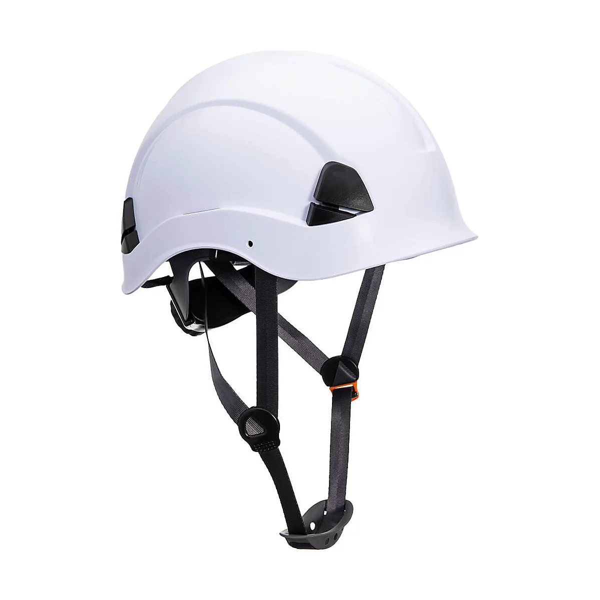 Casque de sécurité blanc avec sangles et détails noirs. Le casque possède des ouvertures de ventilation et une jugulaire.