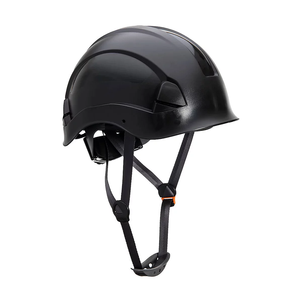 Casque de sécurité noir avec jugulaire, vue détaillée. Le casque est isolé.