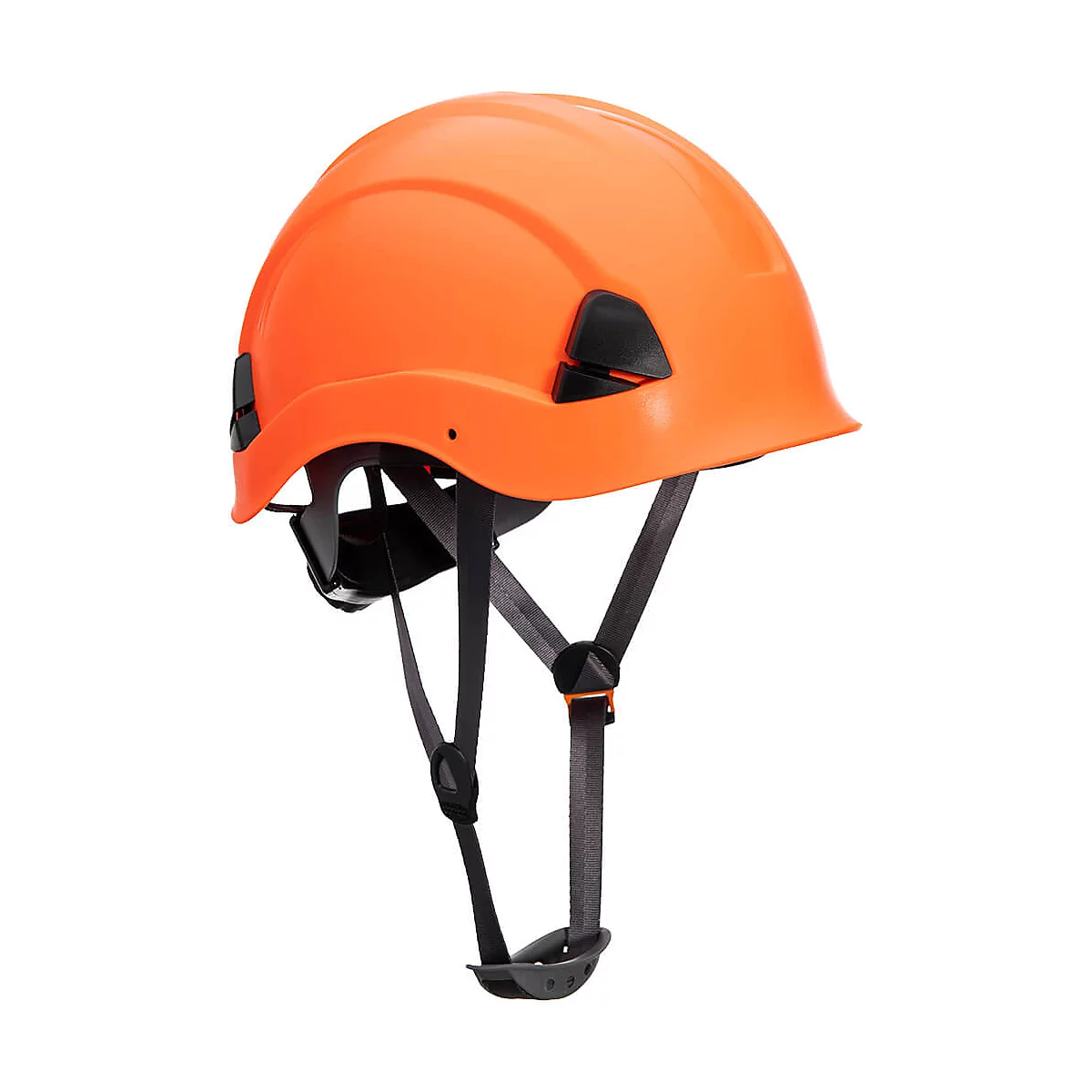 Un casque de sécurité orange avec des jugulaires et des ajusteurs noirs, sur fond blanc.