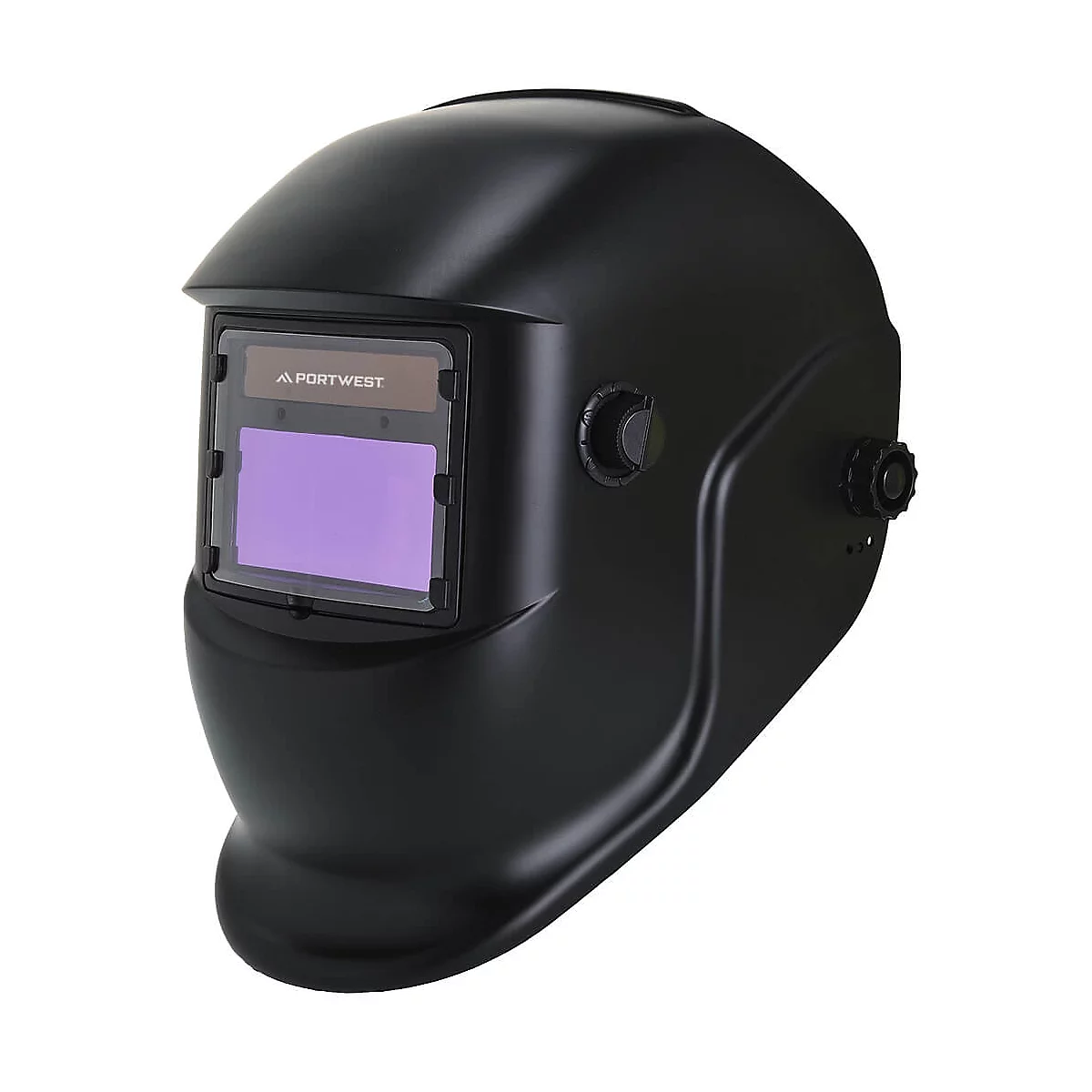 Casque de soudage noir protégeant les yeux. Visière rectangulaire avec l'inscription "PORTWEST".