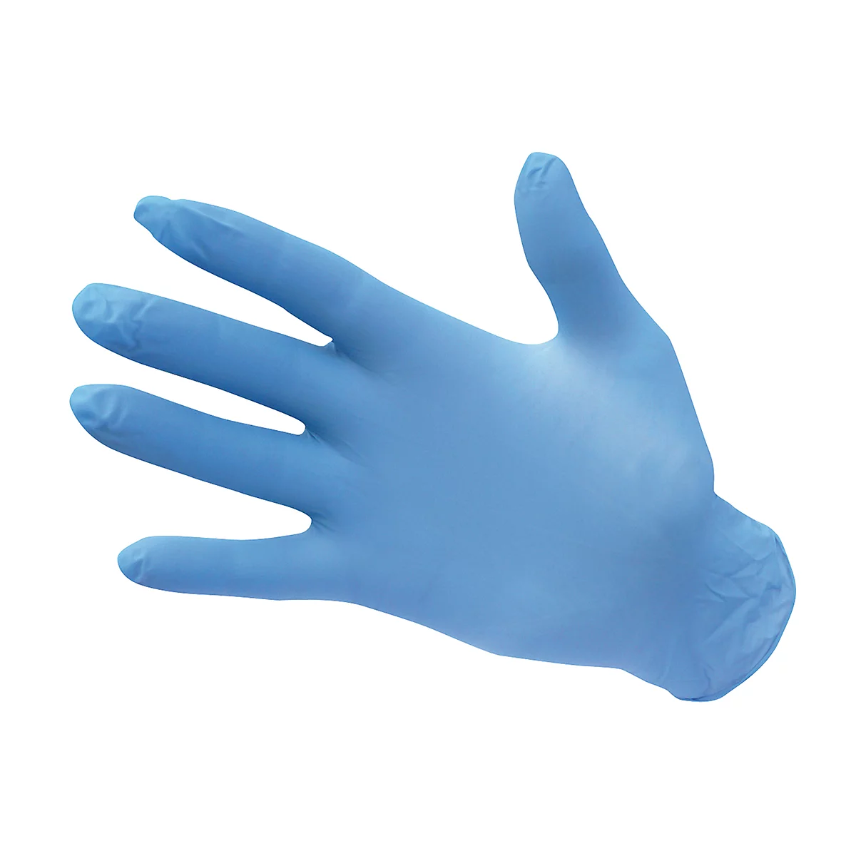 Blauer Einmalhandschuh, aus Gummi, auf weissem Hintergrund.