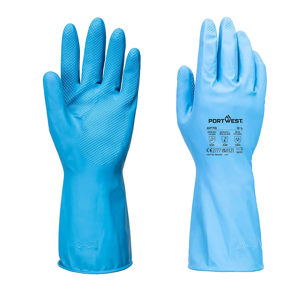 Zwei blaue Gummihandschuhe, einer von der Handinnenfläche, einer von der Handaussenseite.