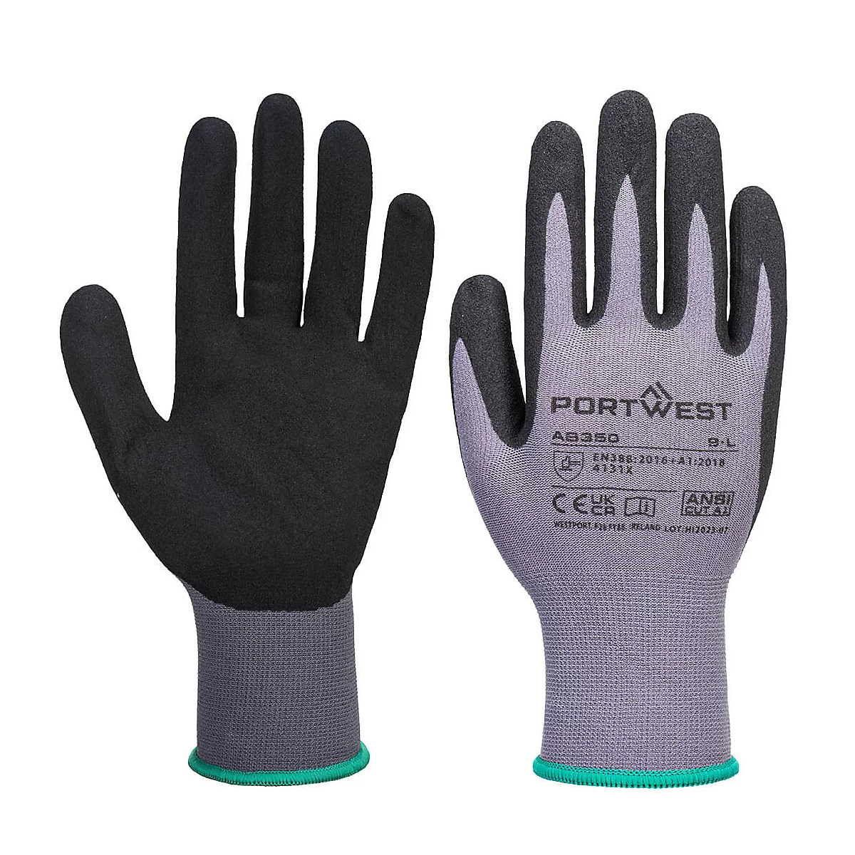 Deux gants de travail : noir/gris, marque Portwest. L'un est ouvert, l'autre montre l'intérieur avec des informations.