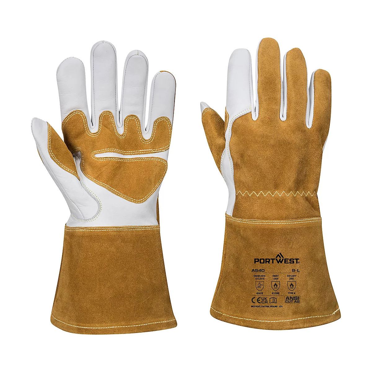 Deux gants de protection en cuir avec paume blanche et dos marron, manchette avec étiquette.