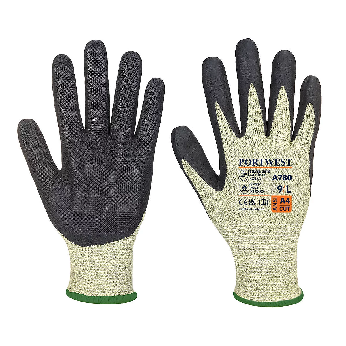 Deux gants de travail noirs et beiges avec des points en caoutchouc sur la paume, étiquette : PORTWEST A780 9 L ANSI A4 CUT.
