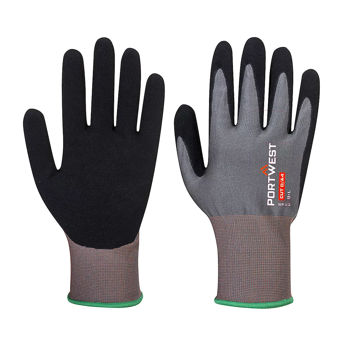 Deux gants noirs, gris et marron. L'un d'eux porte une étiquette Portwest.