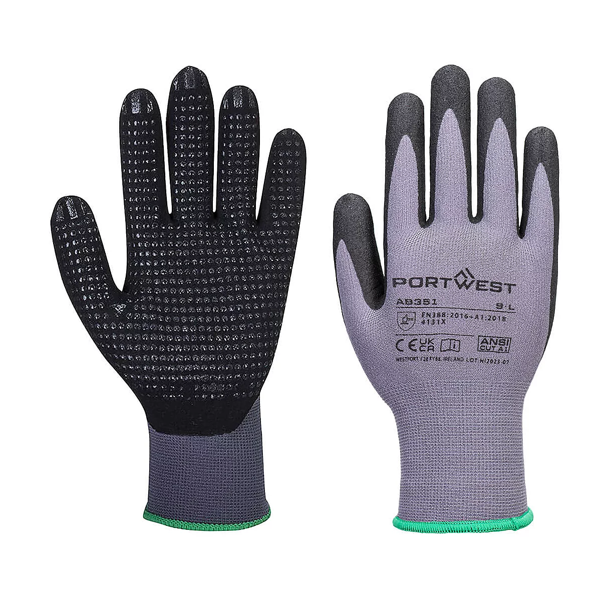 Deux gants de travail gris et noirs à points, poignets avec ligne verte. Texte: PORTWEST.