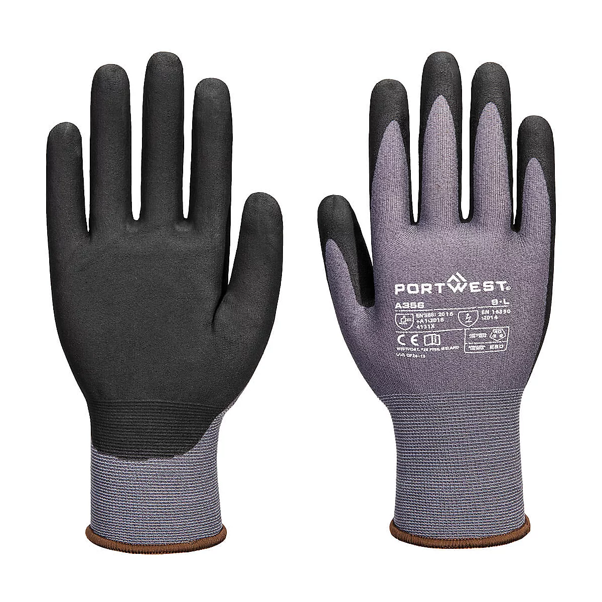 Deux gants de travail : noirs avec intérieur gris, manchette grise, logo Portwest et informations sur le produit.