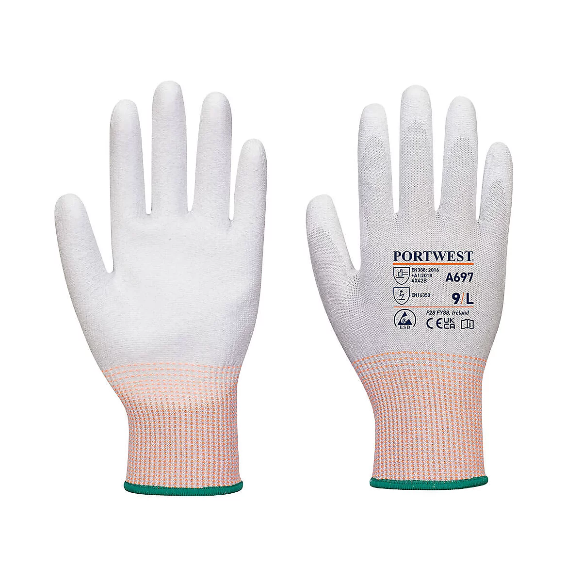 Deux gants de travail blancs, avec des poignets roses et une bordure verte. Le gant droit porte l'inscription "PORTWEST A697 9 L".