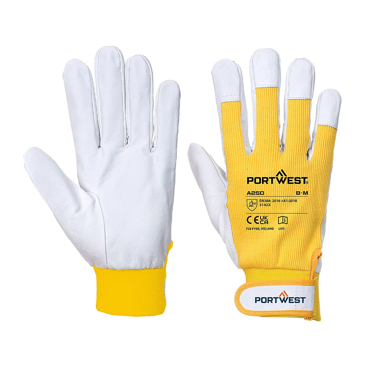 Deux gants de travail : cuir blanc, dos jaune avec logo Portwest.