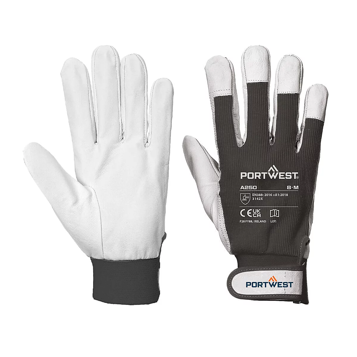 Deux gants de travail blancs avec poignets gris et logo.