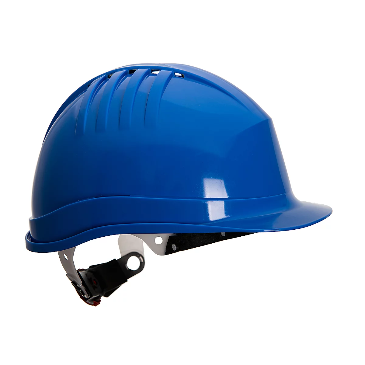 Blauer Schutzhelm mit Kinnriemen, seitlich betrachtet. Oben sind Lüftungsschlitze zu sehen.