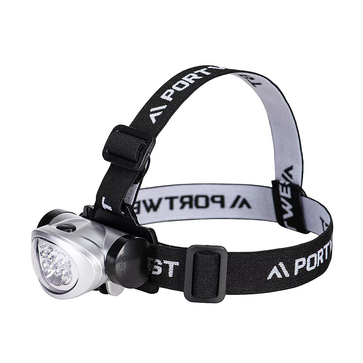 Une lampe frontale en métal et tissu noir, avec le texte "PORT", éclaire vers la gauche.
