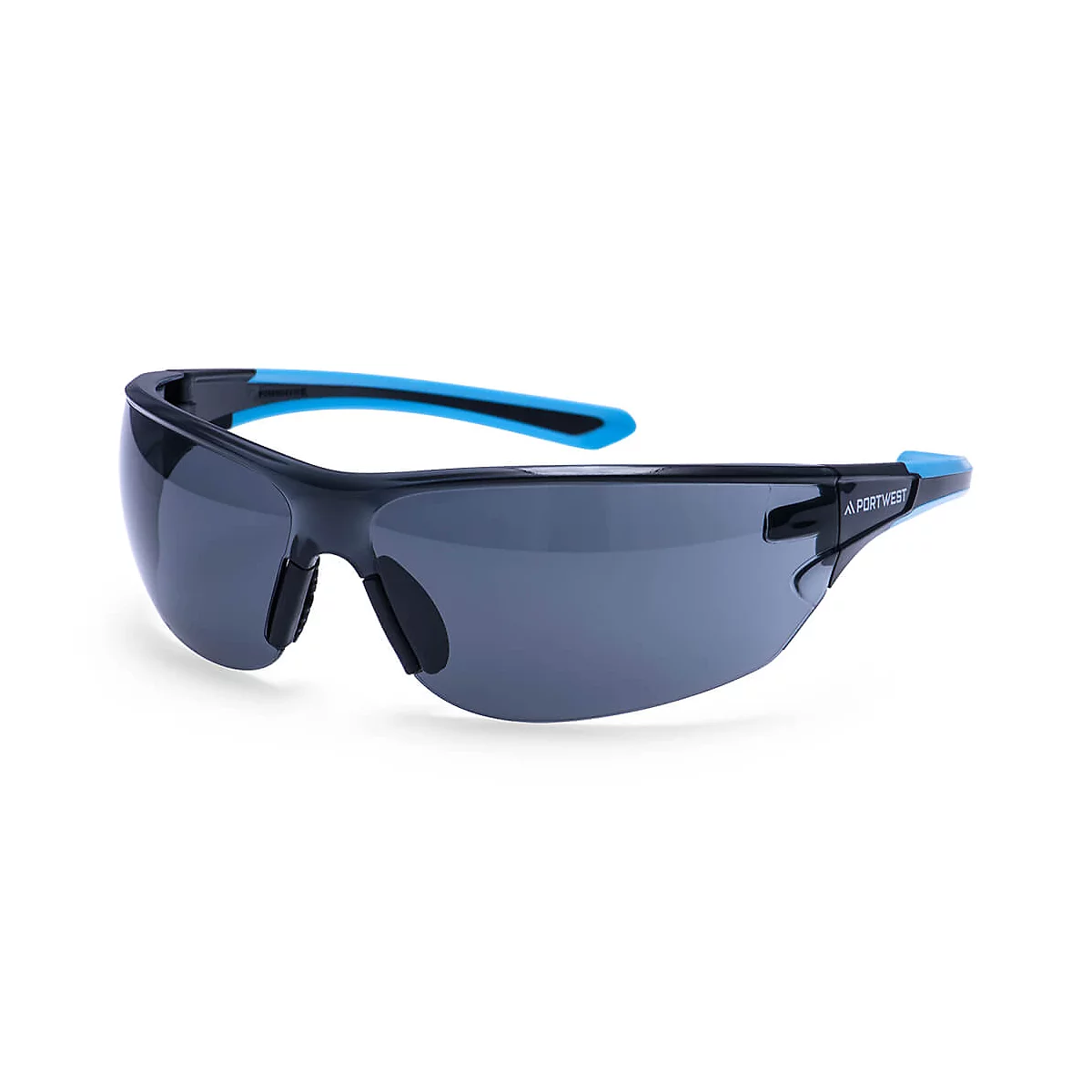 Lunettes de protection, noires avec des branches bleues, sur fond blanc.