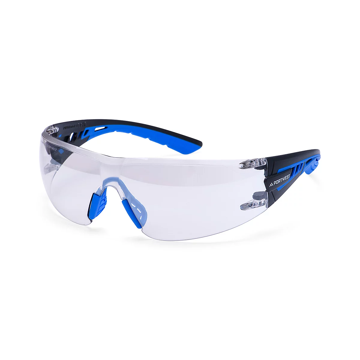 Lunettes de sécurité avec verres transparents, branches noires et accents bleus.