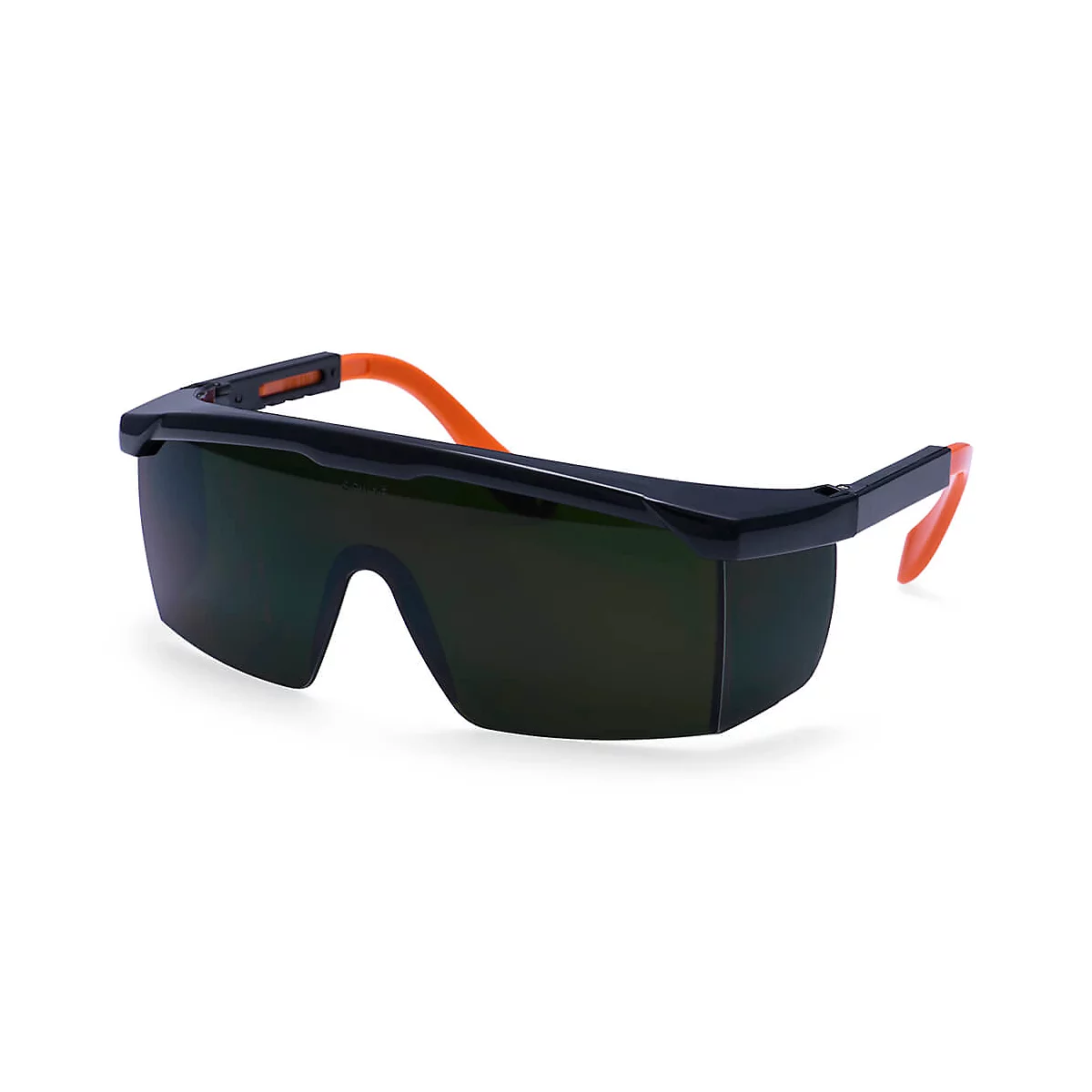 Lunettes de protection, noires avec des branches orange, sur fond blanc.
