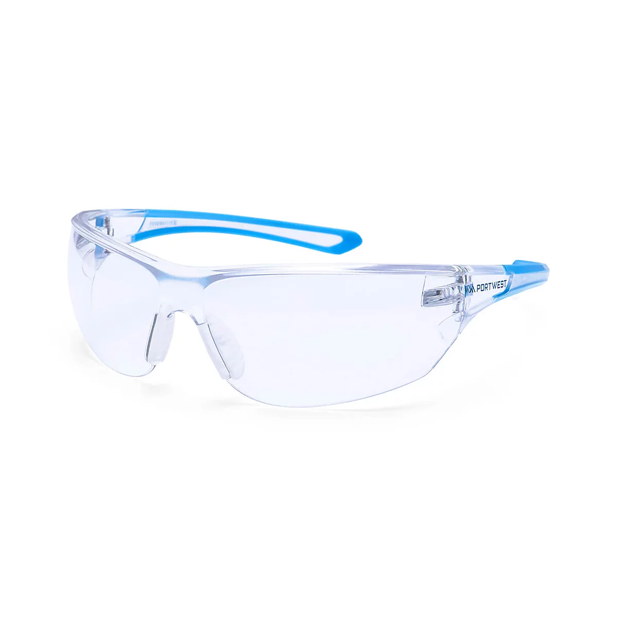 Klare Schutzbrille mit blauen Bügeln. Deutlich erkennbar ist der Schriftzug 'Portwest'.