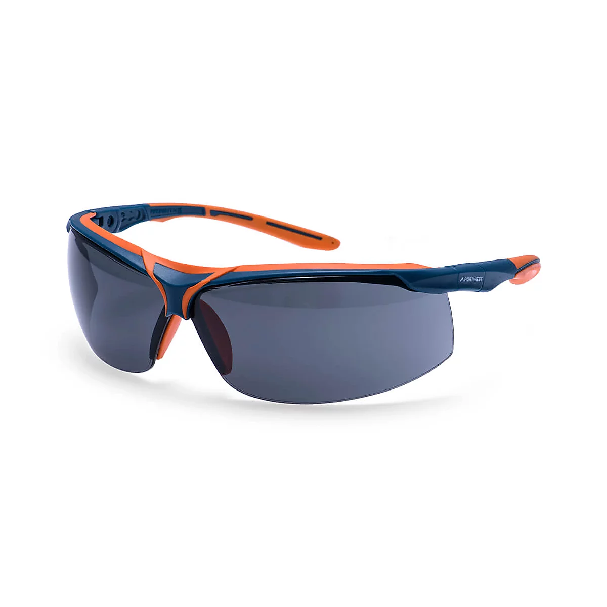 Blaue und orangefarbene Schutzbrille mit getönten Gläsern.