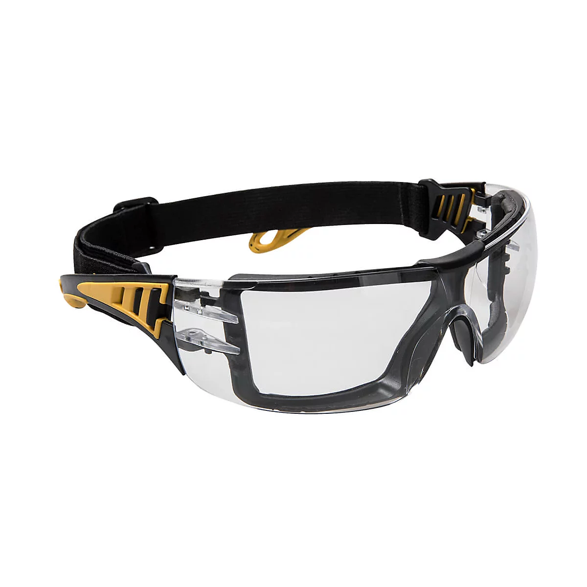 Schutzbrille mit schwarzem Gestell, transparenten Gläsern und verstellbarem Band.