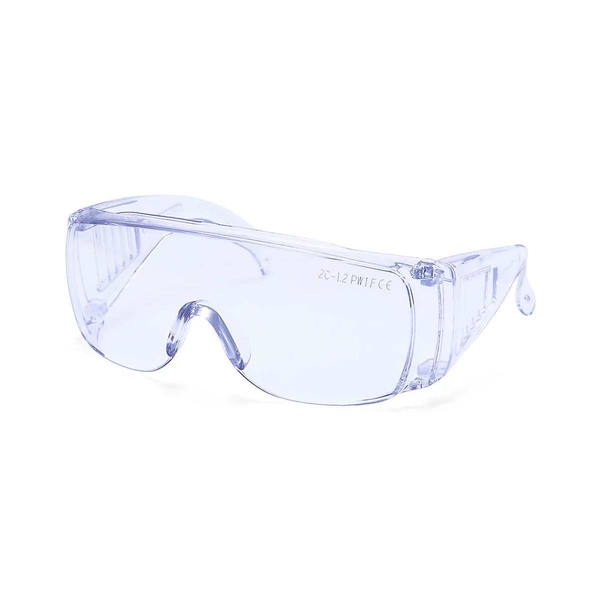 Klare Schutzbrille. Sichtschutz aus durchsichtigem Kunststoff. Seitlicher Schutz, CE-Kennzeichen.