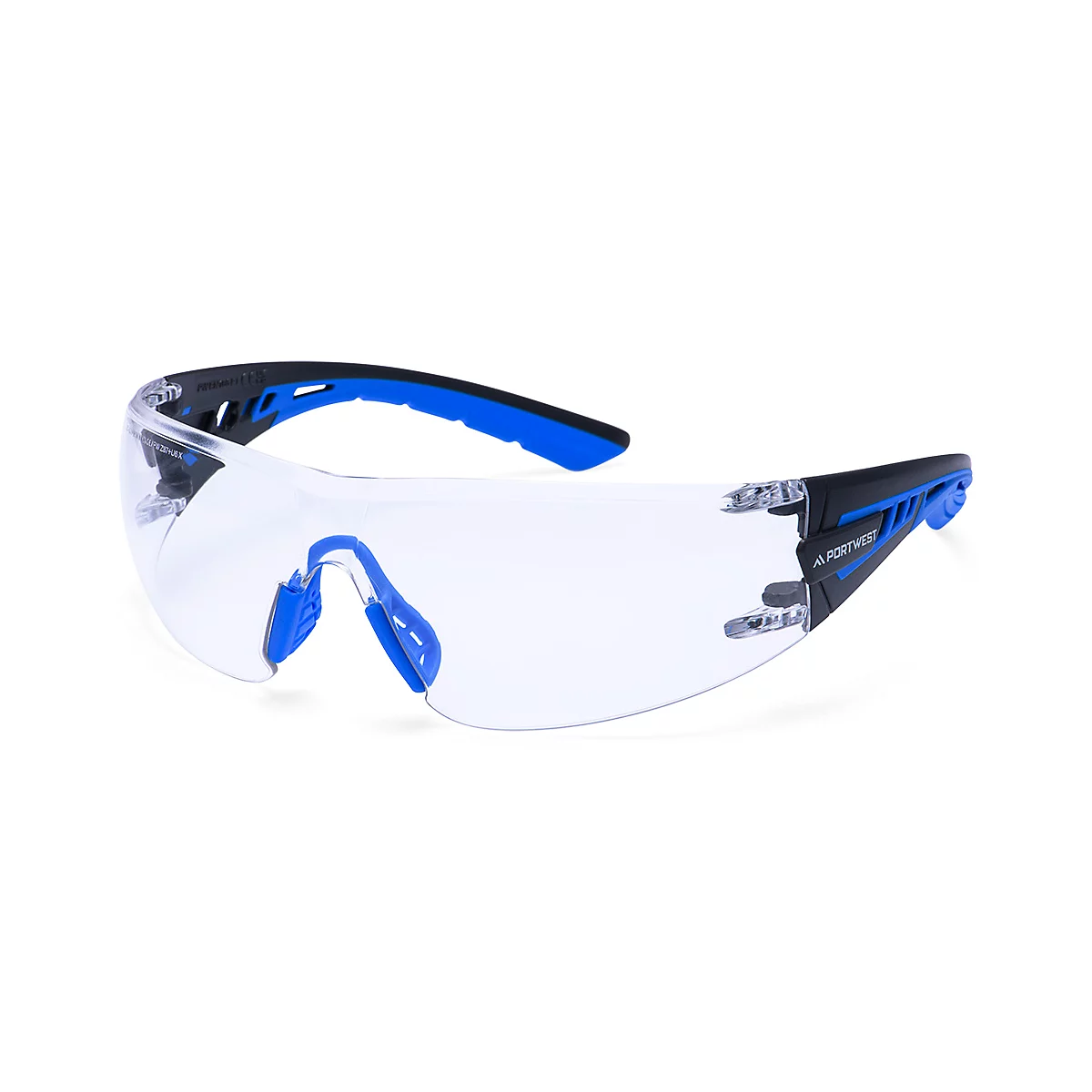 Schutzbrille, hauptsächlich transparent mit blauen und schwarzen Akzenten. Logos sind sichtbar.