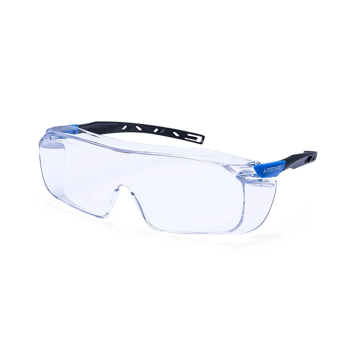 Klare Schutzbrille mit blauen Akzenten und schwarzen Bügeln vor weissem Hintergrund. Das Gestell ist an den Seiten mit der Aufschrift "PORTWEST" versehen.
