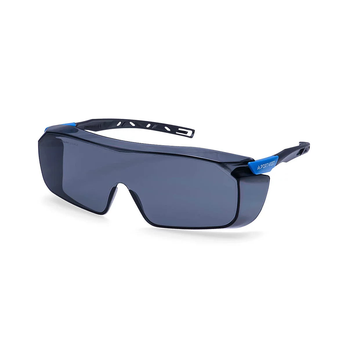 Schutzbrille in Schwarz und Grau, mit blauem Akzent am Bügel. Sichtschutz.