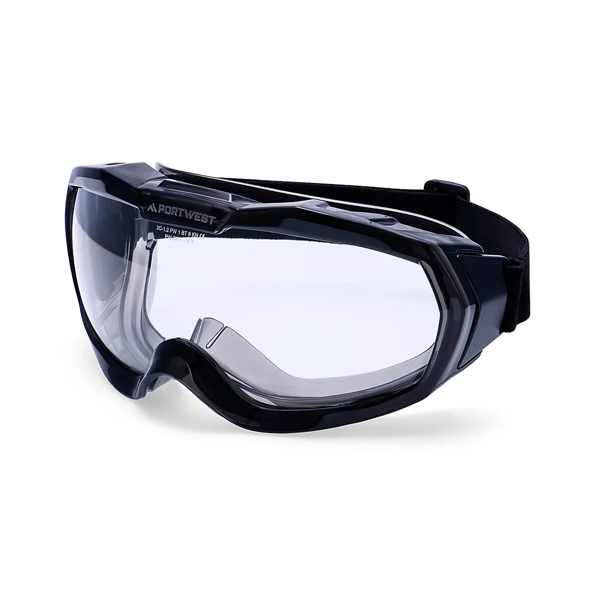 Schutzbrille, schwarz, klar. Hersteller: PORTWEST. Brillenglas mit seitlichem Schutz, Kopfband.