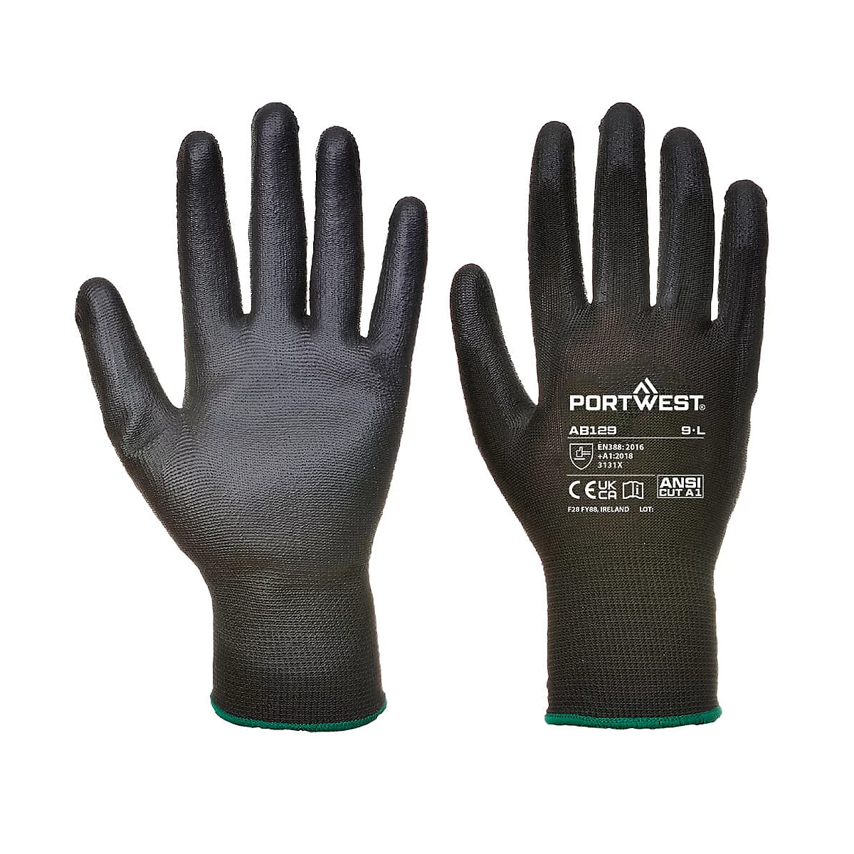 Zwei schwarze Schutzhandschuhe liegen nebeneinander. Der rechte Handschuh zeigt den Markenschriftzug Portwest.