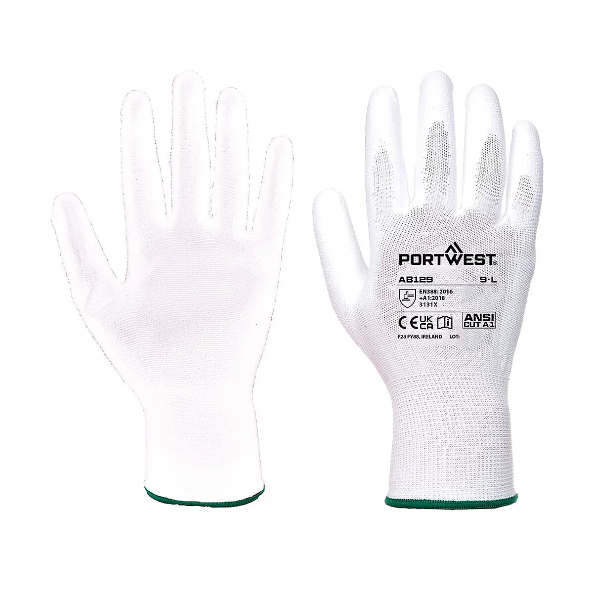 Zwei weisse Handschuhe nebeneinander, mit grünem Saum. Auf einem Handschuh ist der Markenname 'Portwest' abgebildet.