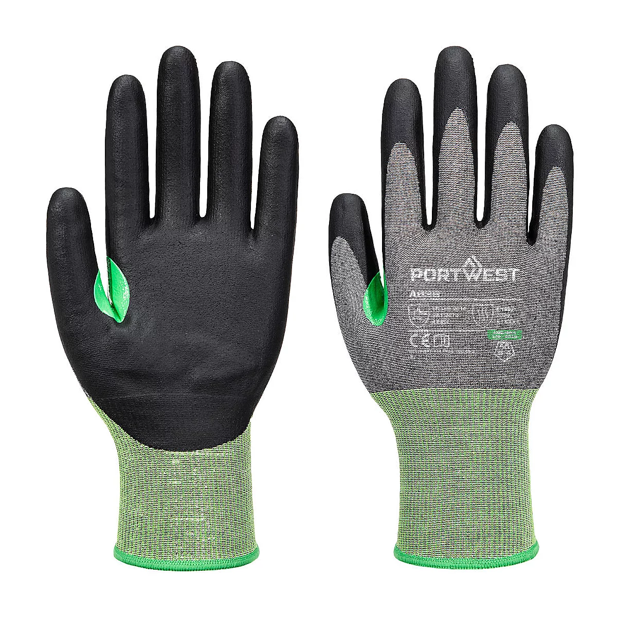 Zwei schwarze Arbeitshandschuhe mit grünen Bündchen. Der rechte Handschuh zeigt den Markenname 'PORTWEST'.