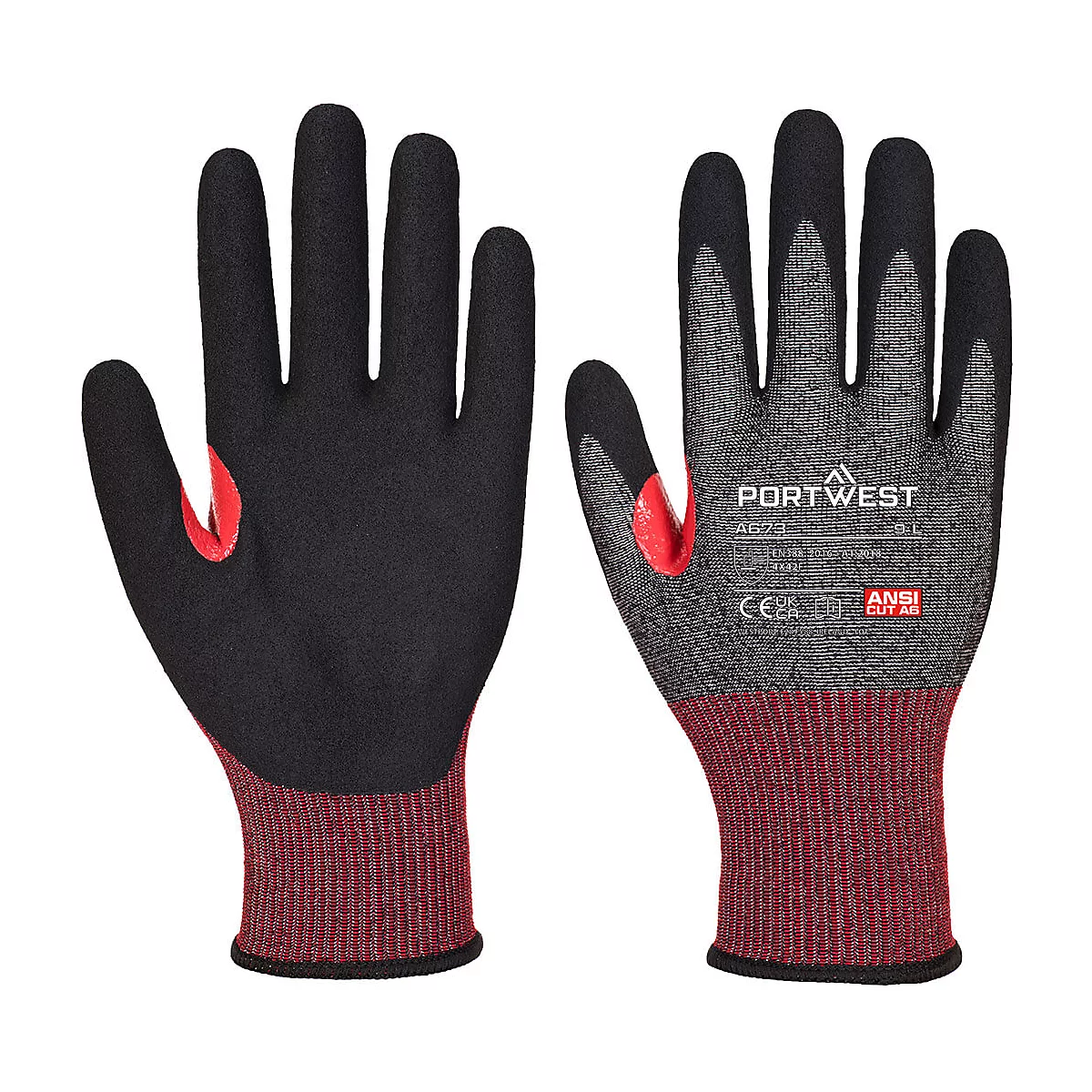 Zwei schwarze Arbeitshandschuhe mit roter Manschette und roten Fingeransätzen. Der linke Handschuh ist von der Rückseite, der rechte von der Handfläche zu sehen.