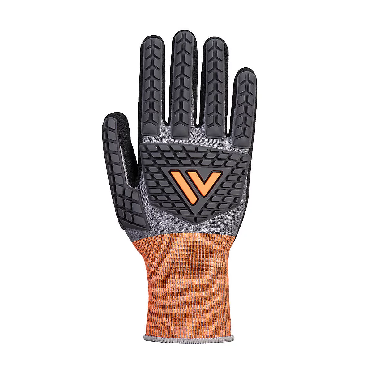 Grauer und schwarzer Arbeitshandschuh mit orangefarbenem Bündchen, Schutzpolstern und orangefarbenem 'V'-Logo.