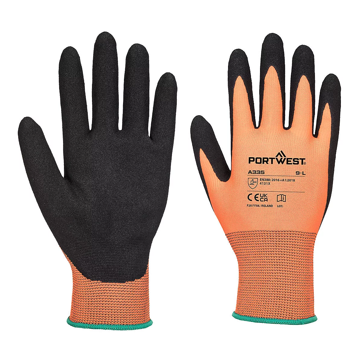 Zwei Handschuhe, einer liegt auf der Handfläche, der andere mit der Innenseite nach oben. Schwarz-orange mit grünem Saum und der Aufschrift "Portwest".