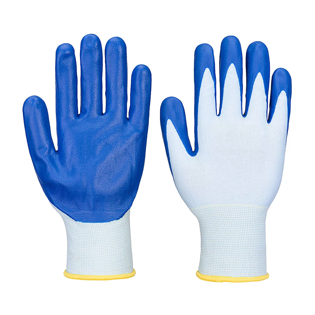 Zwei blaue und weisse Arbeitshandschuhe vor weissem Hintergrund. Die Handschuhe haben blaue Handrücken und Finger, weisse Handflächen und gelbe Bündchen.