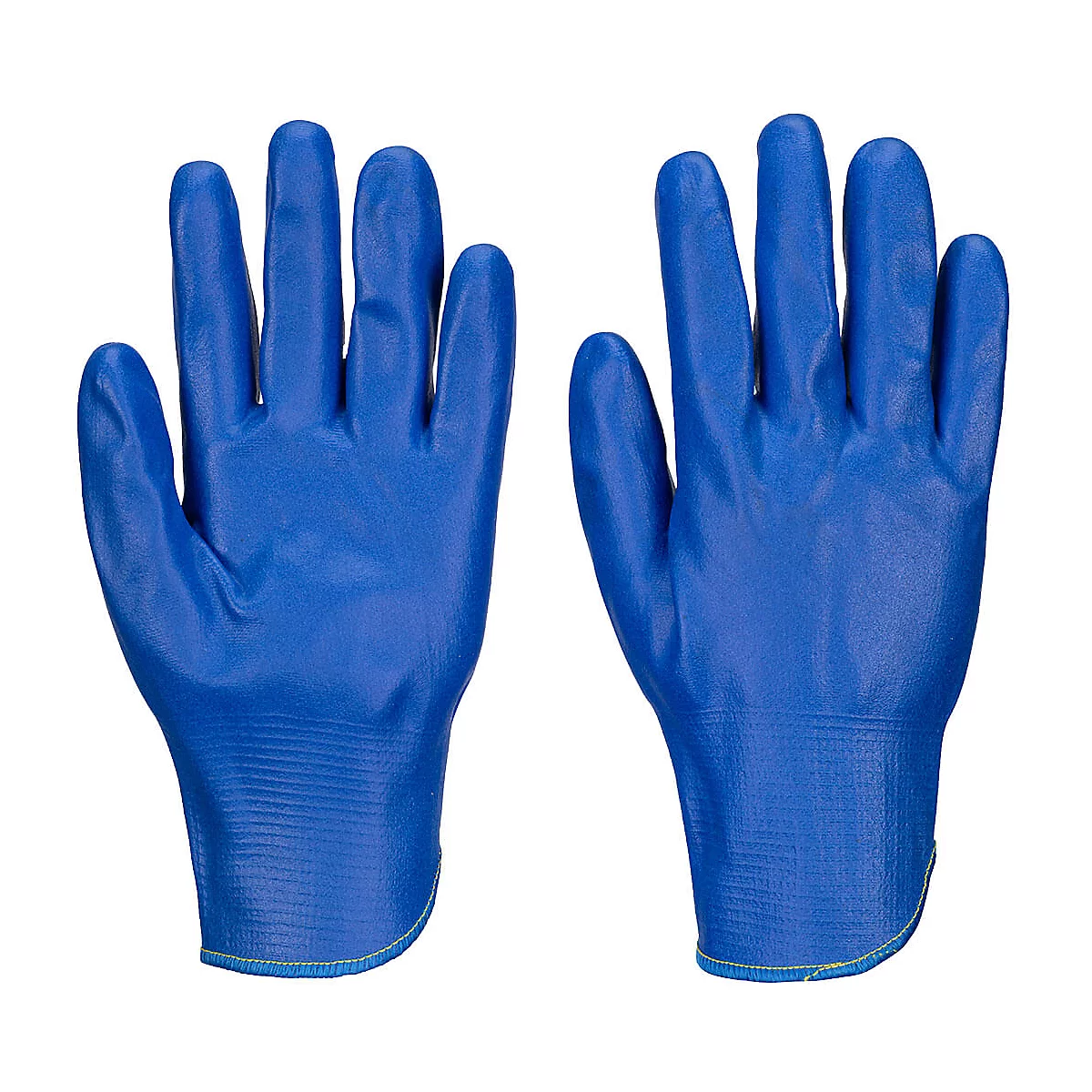 Zwei blaue Schutzhandschuhe liegen nebeneinander, mit Handflächen nach oben.