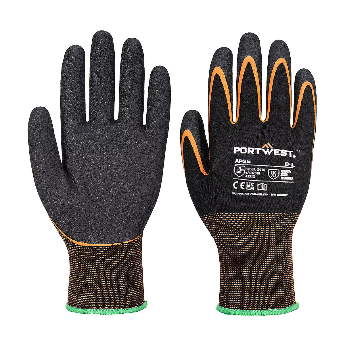 Zwei schwarze Arbeitshandschuhe mit orangenen Akzenten, die Handflächen und die Handrücken zeigend.