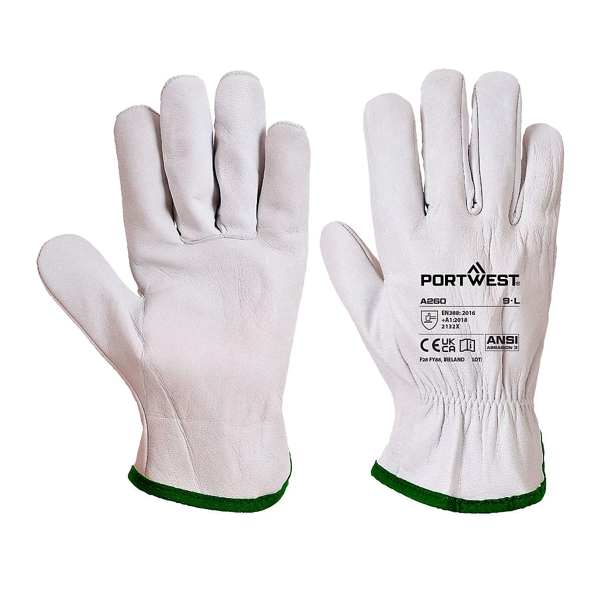 Zwei weisse Arbeitshandschuhe mit grünen Rändern. Der eine Handschuh zeigt das Logo und Angaben des Herstellers.