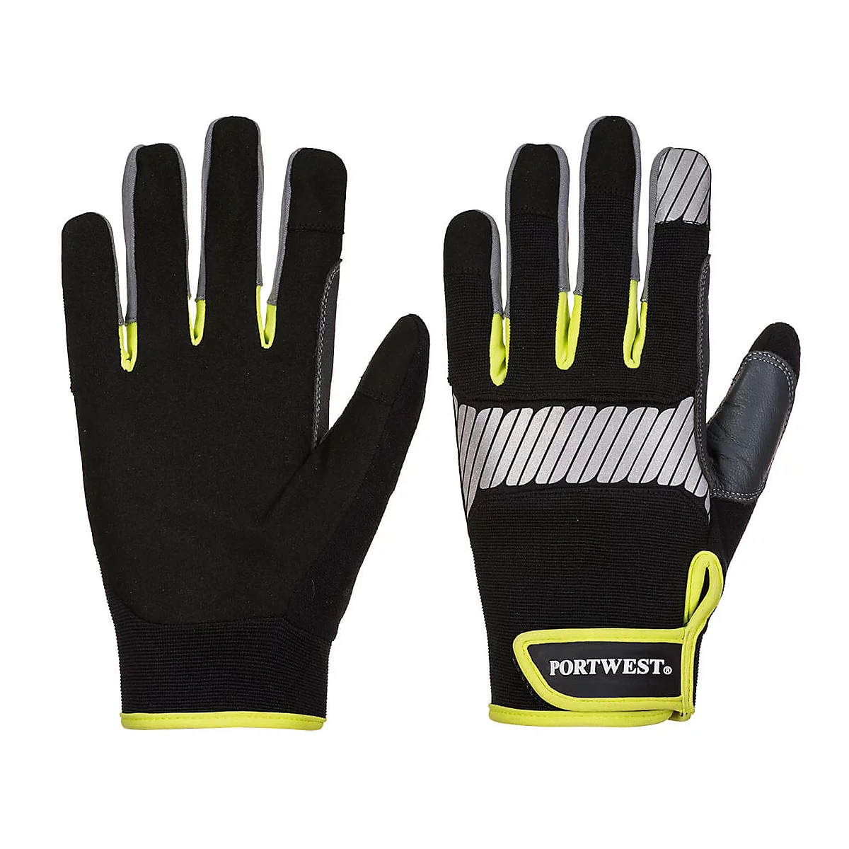 Schwarze Handschuhe mit gelben Akzenten und reflektierenden Streifen.