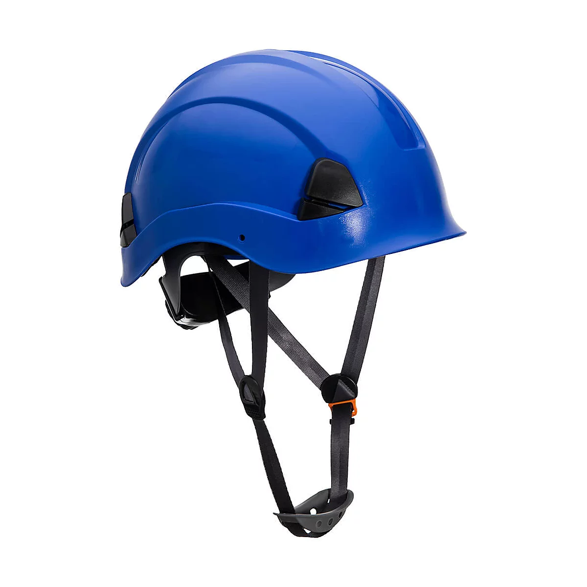 Blauer Schutzhelm mit schwarzem Innenband und Kinnriemen. Vor weissem Hintergrund. Der Helm hat Belüftungsschlitze.